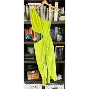 NWT Kasia Neon Green One Shoulder Ruched Shark Bite Midi Dress XS